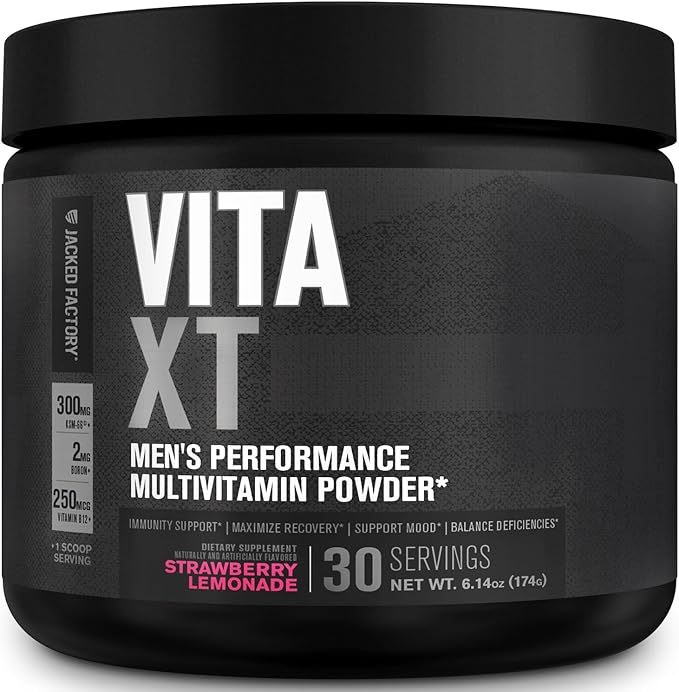 Jacked Factory Vita XT Performance Vitamin Powder - Daily Multivitamin Powder for Men with KSM-66 Ashwagandha Prebiotic Fiber Vitamin A C D K B6 B12 &amp More - Strawberry Lemonade 30Sv