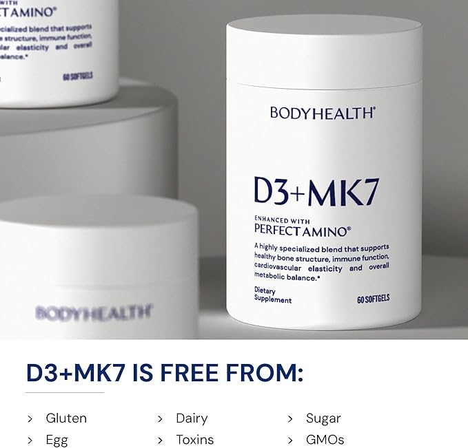BodyHealth D3 + MK7 - Vitamin D3 5000IU Vitamin K1 Vitamin K2 - Easy to Swallow Supplement Supports Bone Strength &amp Calcium Absorbtion* - 60 Softgels
