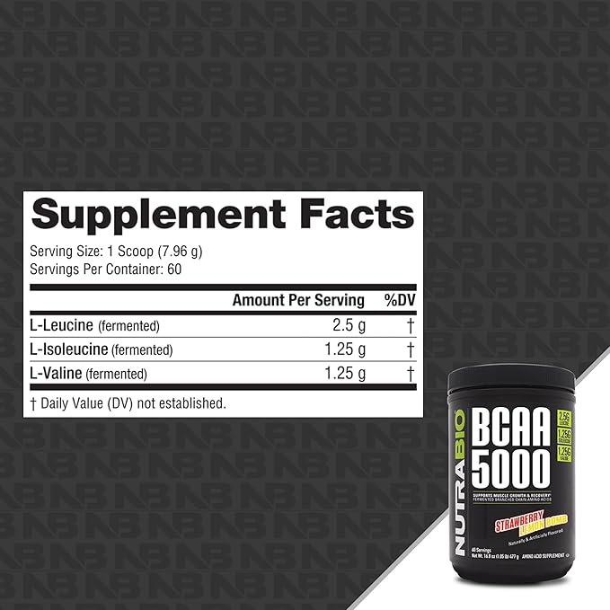 NutraBio BCAA 5000 Powder - Vegan Fermented BCAAs - Supports Lean Muscle Growth Recovery Endurance - 60 Servings - Strawberry Lemon Bomb