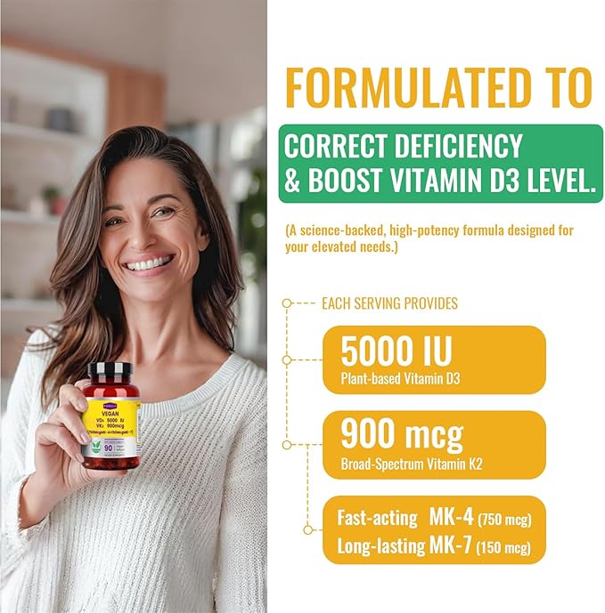 FAMILI+ 90 Days Vegan Vitamin D3 5000IU +K2 900Mcg Softgel with Coconut MCT Oil | 5000IU Plant Source Vitamin D3+750Mcg MK4+150Mcg MK7 | Broad Spectrum K2| Bone Muscel Teeth Overall Health|100% Vegan