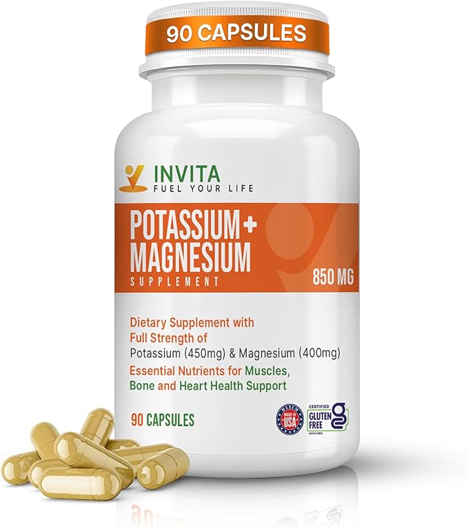 Invita Potassium Magnesium Supplement (90 Capsules) High Absorption Potassium Magnesium Complex with Aspartate &amp Chloride - Supports Cardiovascular Muscles &amp Nerve Health - Non GMO &amp Glut