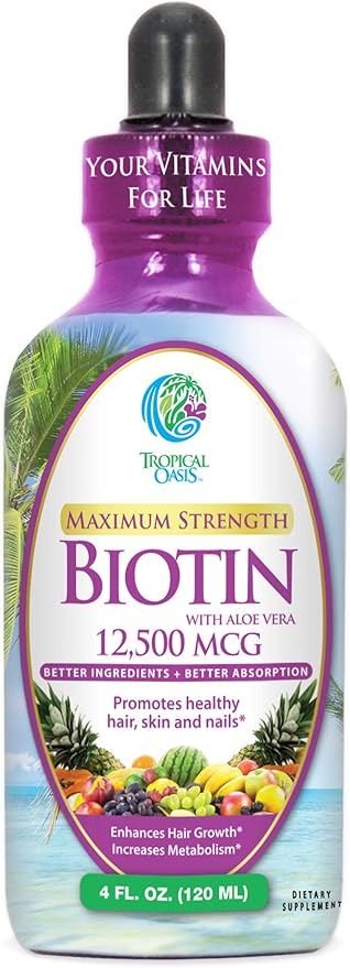 Maximum Strength Liquid Biotin Drops w/ 12500 MCG – Best Vitamins for Fast Hair Growth Reduced Hair Loss Healthy Skin &amp Strong Nails -5X More Potent Than Pills– Max Absorption Vegan– 4oz 30 S