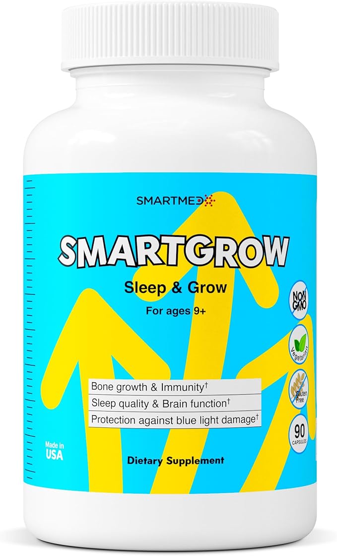 SmartGrow Premium Growth Formula for Teens – Bone Brain Sleep &amp Eye Support – Calcium Vitamin D3 Amino Acids + Herbal Blend – Daily Wellness Supplement (90 Capsules)