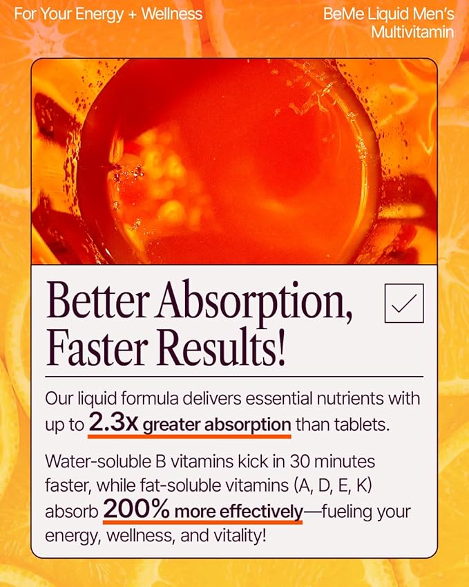 BeMe Liquid Multivitamins for Men - Advanced Liquid Delivery System with 13 Vitamins &amp Minerals - Tear &amp Go Sachets Non-GMO Orange Flavor (30 Sachets)