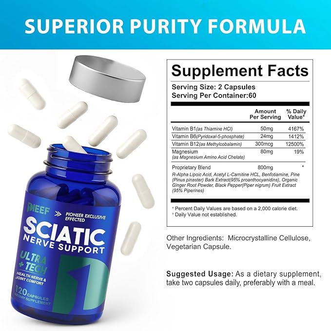 Sciatic Nerve Support Supplement 120 Capsules with Vitamin Proprietary Blend 800mg &amp Magnesium Nutritional Support for Nerve Discomfort in Hands Legs Hips &amp Feet