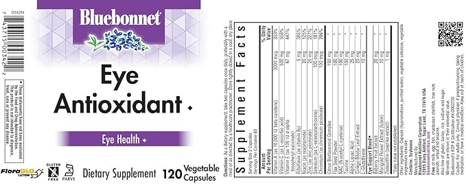 Bluebonnet Eye Antioxidant Lutein &amp Zeaxanthin Supplement - Vitamin A Taurine Zinc Bilberry Extract Herbal Supplements - Non-GMO Gluten-Free Eye Care for Women &amp Men - 120 Vegetable Capsul
