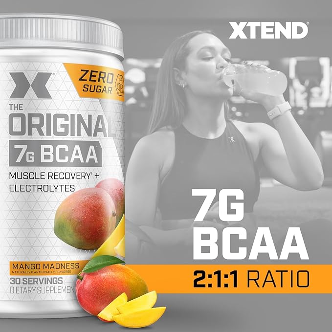 Xtend Original BCAA Powder 7g BCAAs and 2.5g L-Glutamine for Muscle Recovery Hydration and Lean Muscle Sugar Free Intra and Post Workout Drink with Electrolytes Mango Madness 30 Servings