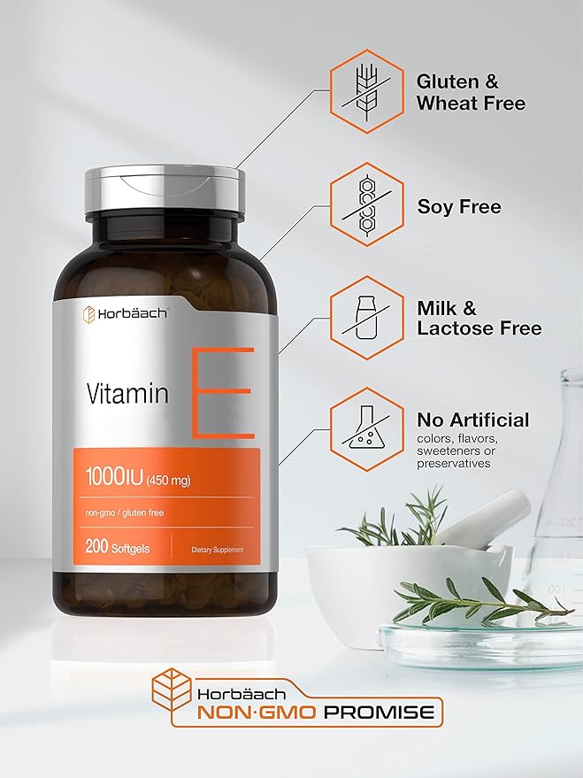 Horbäach Vitamin E 1000 IU Softgel Capsules | 200 Count | Non-GMO Gluten Free Preservative Free | Vitamin E Oil