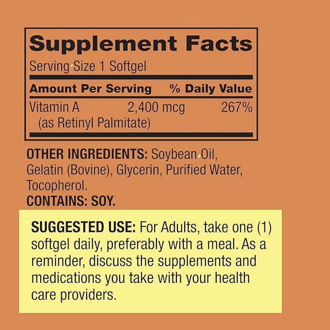 1 Pack Vitamin A 2400 mcg Softgels 250 Count (1 Bottle) + Vitamin Guide &amp Sticker Included