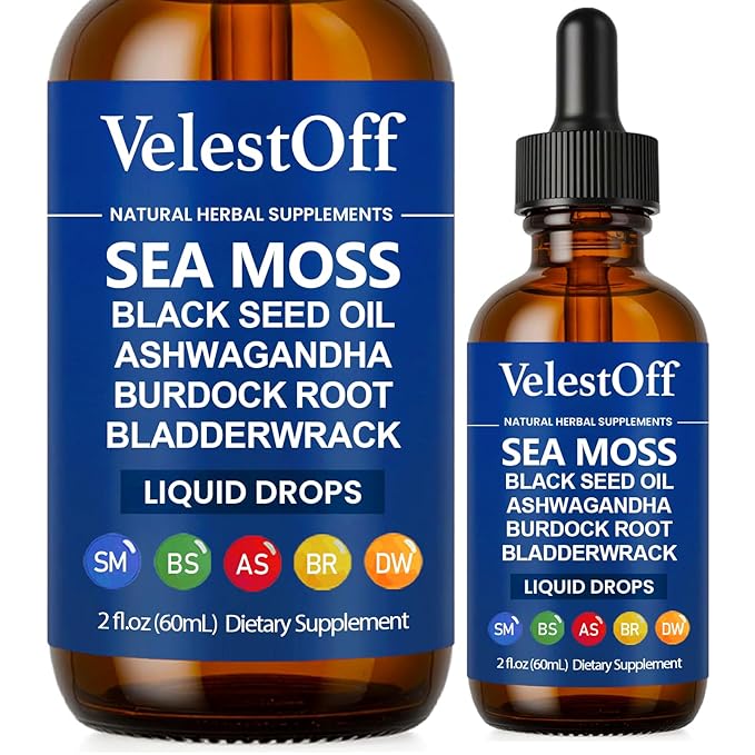Irish Seamoss Thyroid Hormone Regulator Velestoff Thyroid Support Drops | Sea Moss Black Seed Oil Ashwagandha Burdock Root Bladderwrack Hormone Balance &amp Support - 2 FL.OZ (1 Pcs)