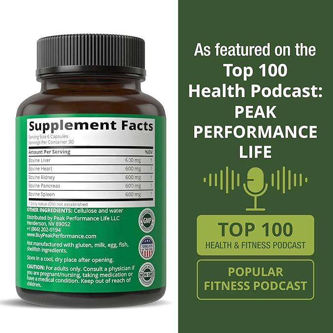 Peak Performance Grass Fed Beef Organ Complex from New Zealand (180 Capsules) Desiccated Organs Superfood Pills. GrassFed Beef Liver Capsules with Heart Kidney Pancreas Spleen. Supplement