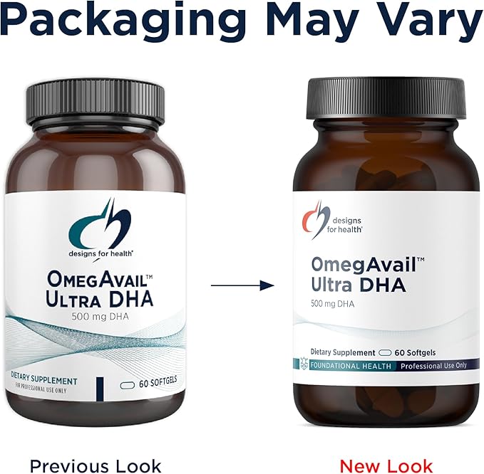 Designs for Health OmegAvail Ultra DHA - Highly Concentrated DHA Triglyceride Fish Oil TG Fish Oil with 500mg DHA + 100mg EPA - No Fishy Aftertaste (60 Softgels)