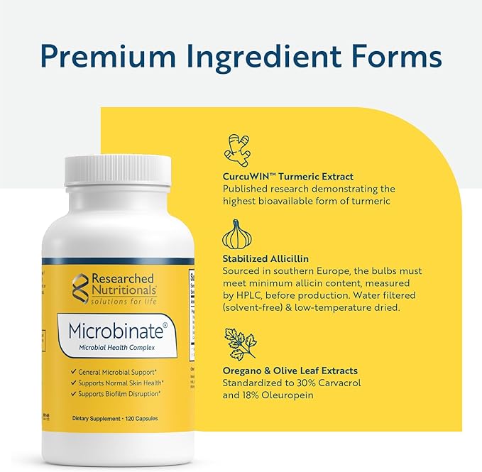 Researched Nutritionals Microbinate - Microbial Health Complex - Promotes Healthy Inflammation Response Biofilm Disruption &amp Immune Support - Olive Leaf Oregano &amp Turmeric Extract (120 Capsu