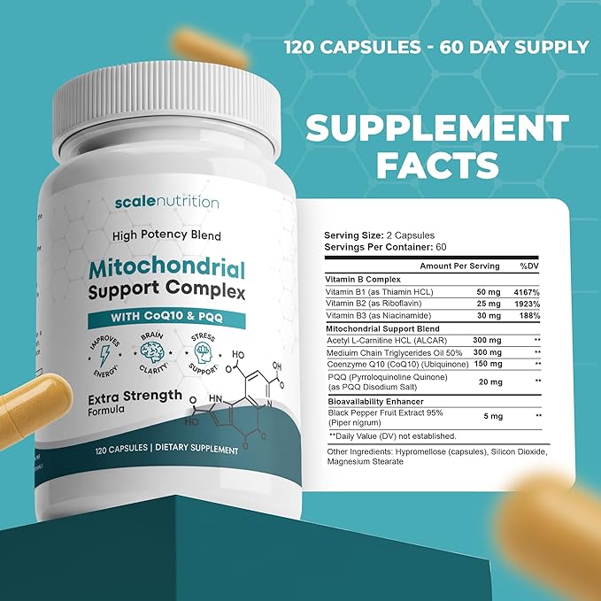 Mitochondrial Support Complex – Energy Focus &amp Brain Clarity Support – CoQ10 PQQ Acetyl-L-Carnitine – Cellular Energy &amp Stress Support Supplement - 120 Capsules
