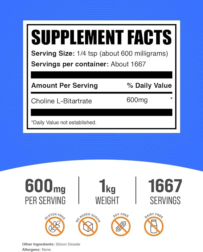 BulkSupplements.com Choline Bitartrate Powder - Choline Supplements - Unflavored &amp Gluten Free 600mg per Serving 1kg (2.2 lbs) (Pack of 1)