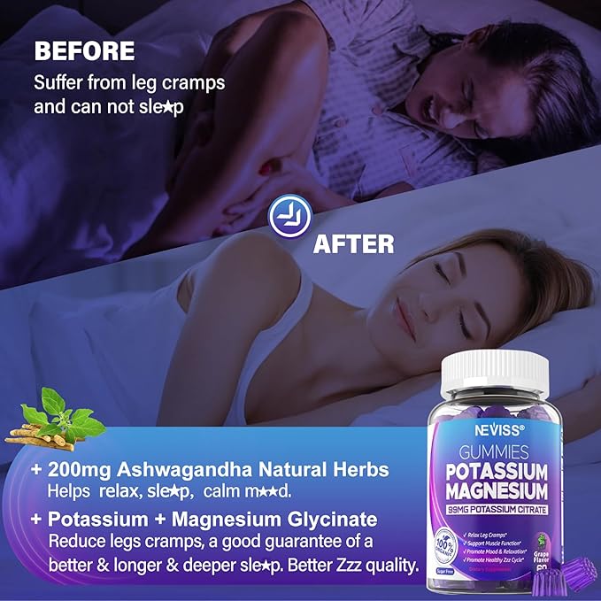 Potassium Magnesium Gummies - Potassium Supplement w/Ashwagandha 200mg Magnesium GlycinateB6B12P-otassium Citrate for Leg CrampsMuscleElectroyte for Adults KidsSugar-Free 2 Pack