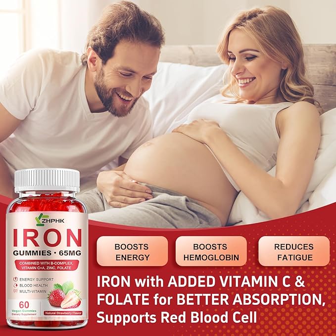 Iron Supplement Gummies for Women Men &amp Kids 65mg Iron &amp 250mg Vitamin C per Serving - Healthy Blood Energy &amp Immune Support Iron Vitamin Gummy with Folate 2 Pack