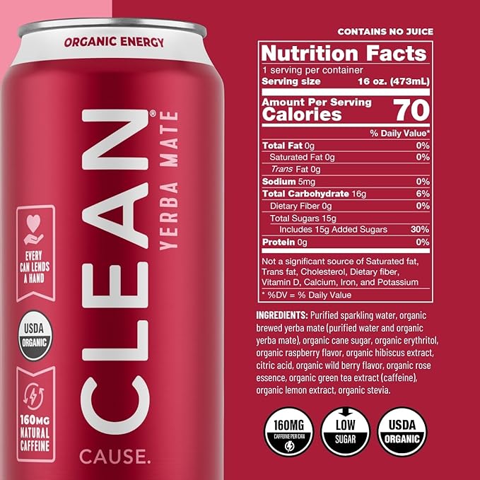 NEW! CLEAN Cause Non-Carbonated Variety Pack &amp Low Calorie Low Sugar Variety Pack USDA Organic Yerba Mate Tea (15.5oz cans 2-12-Pack Case) 160mg Caffeine