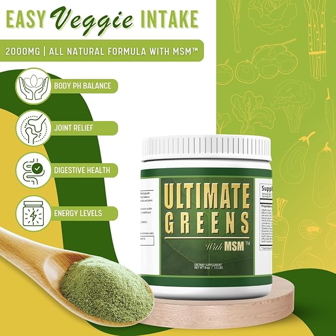 Ultimate Greens with MSM Powder Vegan Friendly Natural Ingredients Gluten Soy Free NO GMO Superfood Vegetable Nutritional Drink Alkalizing Energy 8oz 6 Pack (6 Month Supply)