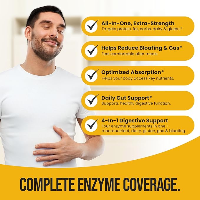 Extra Strength Digestive Enzymes | All-in-One Formula | Fast Bloating &amp Gas Relief | Digestion Relief for Carbs Fat Protein Gluten Dairy | Supports Gut Health | 90 Capsules