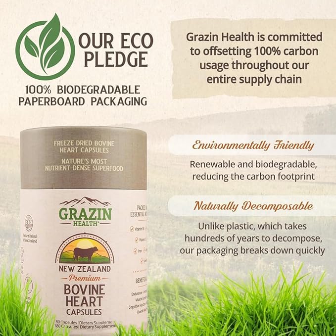 Grass-Fed Freeze-Dried Bovine Heart &amp Liver Capsules 3000 mg per Serving | CoQ10 Iron Zinc &amp B12 Supplement for Natural Heart Energy and Immune Support