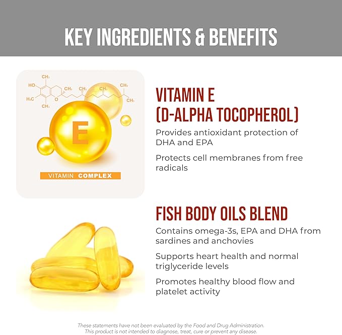 Heart Health Essential Omega III Fish Oil with Vitamin E – High EPA &amp DHA for Heart Triglyceride &amp Blood Flow Support Lemon Oil Gluten-Free Non-GMO 60 Servings