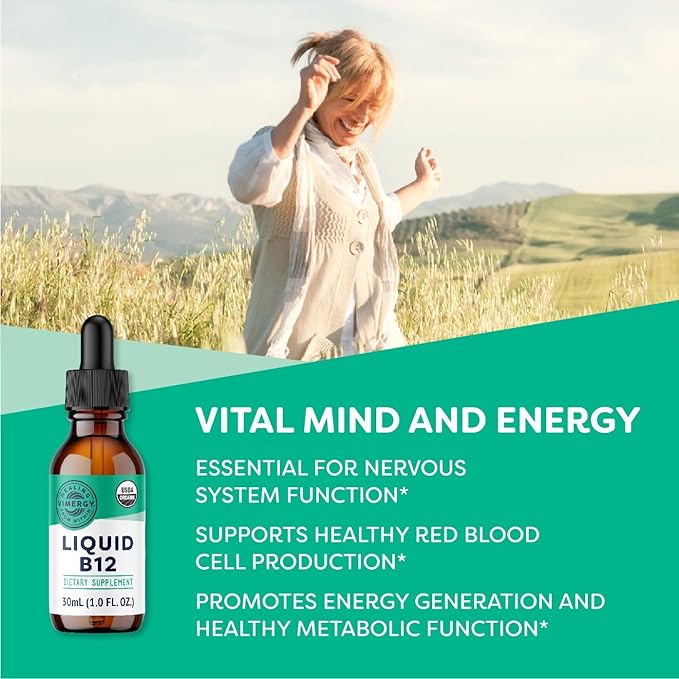 Vimergy USDA Organic Liquid Vitamin B12 Supplement 2500 mcg Methylcobalamin &amp Adenosylcobalamin Fast-Absorbing Energy Support Vegan Non-GMO B12 Vitamins for Women &amp Men 30 Serving (30 mL)