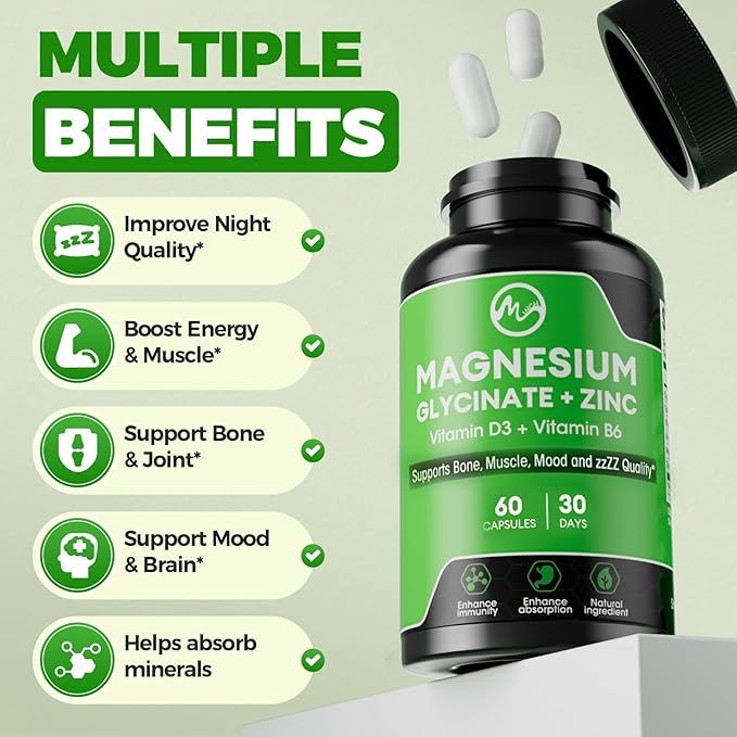 (2 Pack) Magnesium Glycinate Capsules Magnesium Supplement with Zinc Vitamin D3 &amp B6 - Highly Bioavailable and Absorption - Bone Heart Joint Immune Support 120 Vegan Capsules