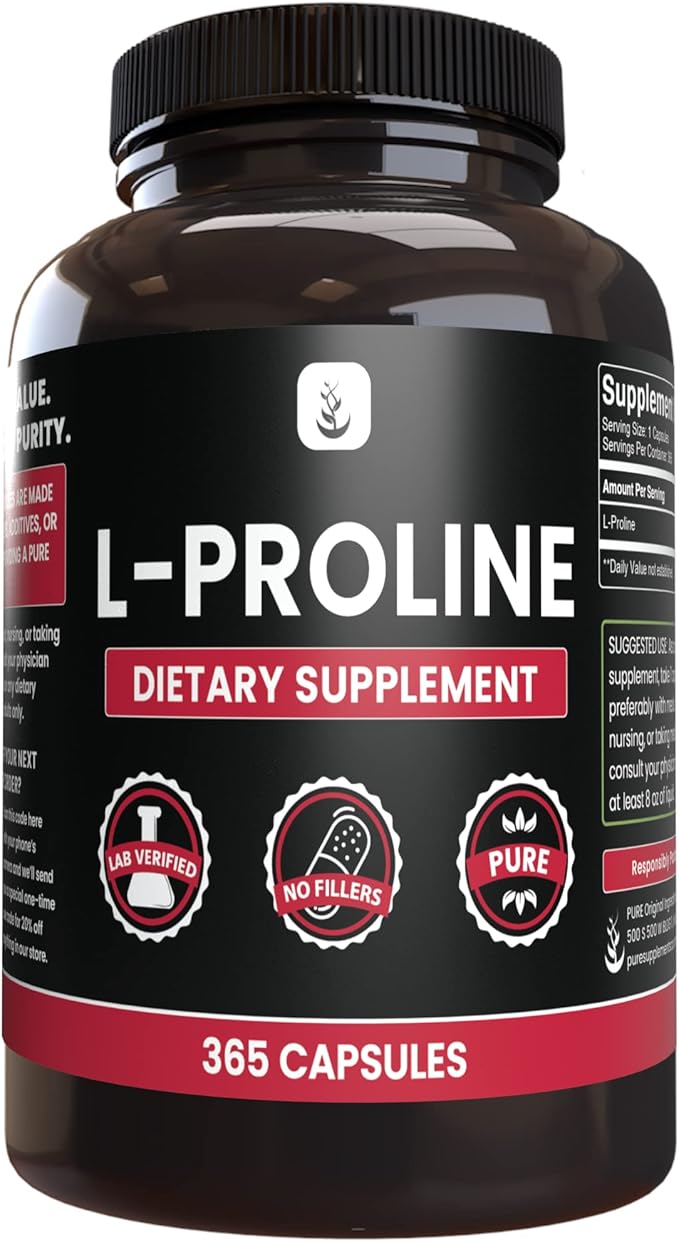 PURE ORIGINAL INGREDIENTS L-Proline and L-Lysine HCL Bundle 365 Capsules Each No Magnesium or Rice Fillers Always Pure
