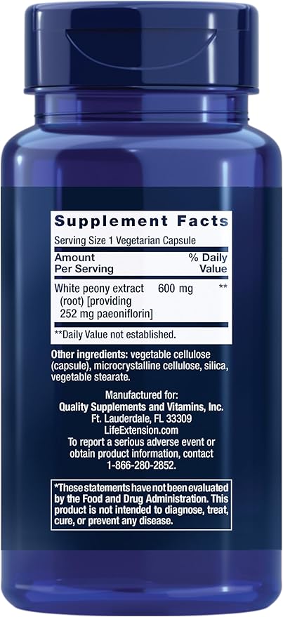 Life Extension Peony Immune White Peony Root Immune Health Support Immune System Gluten-Free Non-GMO Vegetarian 60 Capsules