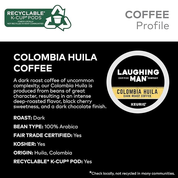 Laughing Man Colombia Huila Coffee Keurig Single Serve K-Cup Pods Dark Roast 88 Count (4 Packs of 22)