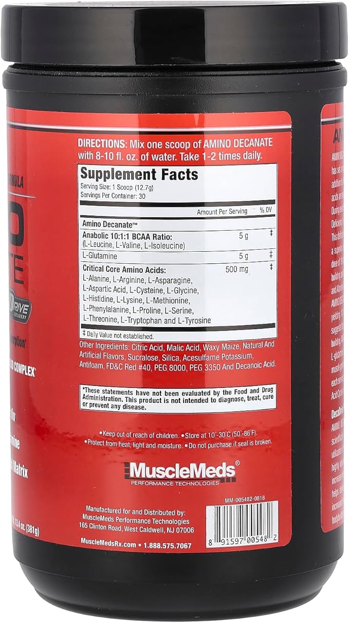 MuscleMeds Amino DECANATE Intra Post Workout Drink Full Spectrum Amino Acid Complex Leucine Muscle Recovery Fruit Punch 30 Servings