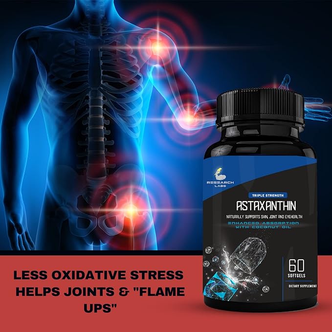 Research Labs Triple Strength Natural Astaxanthin 12mg Softgels + Extra Bottle Organic Coconut Oil for Enhanced Absorption Powerful Antioxidant Supports Eye Joint &amp Heart Health 120 Total Softgels