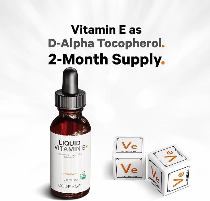 Codeage Liquid Vitamin E+ - USDA-Certified Organic Vitamin E - 2-Month Supply - D-Alpha Tocopherol Acetate Organic MCT Oil Orange Fruit Oil Unflavored Non-GMO Vegan Gluten-Free 2 fl oz