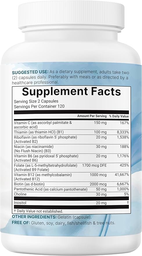 Micro Ingredients Pure Methylated B Complex 240 Capsules | 11-in-1 Formula with Methylfolate B12 Thiamin Inositol Choline &amp Fat Soluble Vitamin C | Clean Ingredients Without Fillers | Non-GM