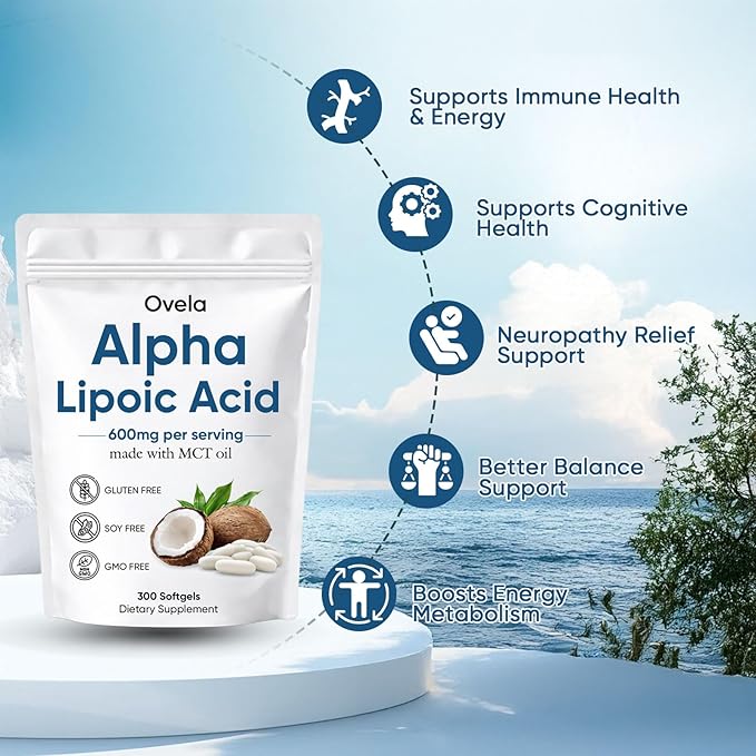 Aacnre Ovela Alpha Lipoic Acid 600mg with MCT Oil Antioxidant Support for Nerve Energy &amp Cellular Health Non-GMO Vegan Gluten Free 300 Softgels
