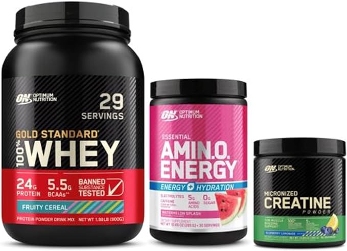 Optimum Nutrition Performance Nutrition Bundle: Amino Energy Plus Hydration Watermelon Smash (30 Serv) Creatine Monohydrate Blueberry Lemonade (60 Serv) &amp Gold Standard Whey Fruity Cereal (29 Se