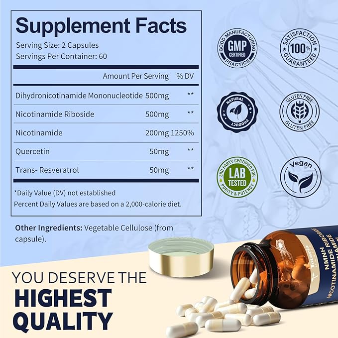 Totaria NMNH 500mg (Dihydronicotinamide Mononucleotide) Premium NMN Alternative Supplement w/Niacinamide (Vitamin B3) Quercetin Trans-Resveratrol for NAD+ Skin Cell Anti-Aging &amp Energy 120