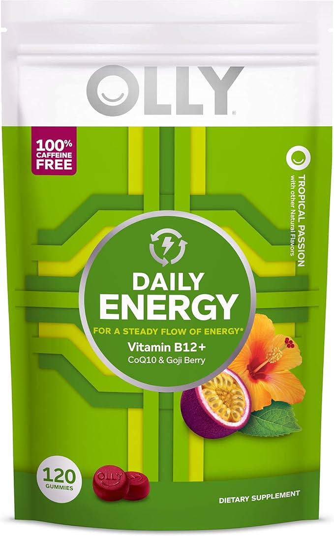 OLLY Daily Energy Gummy Caffeine Free Vitamin B12 CoQ10 Goji Berry Adult Chewable Supplement Tropical Flavor - 120 Count Pouch