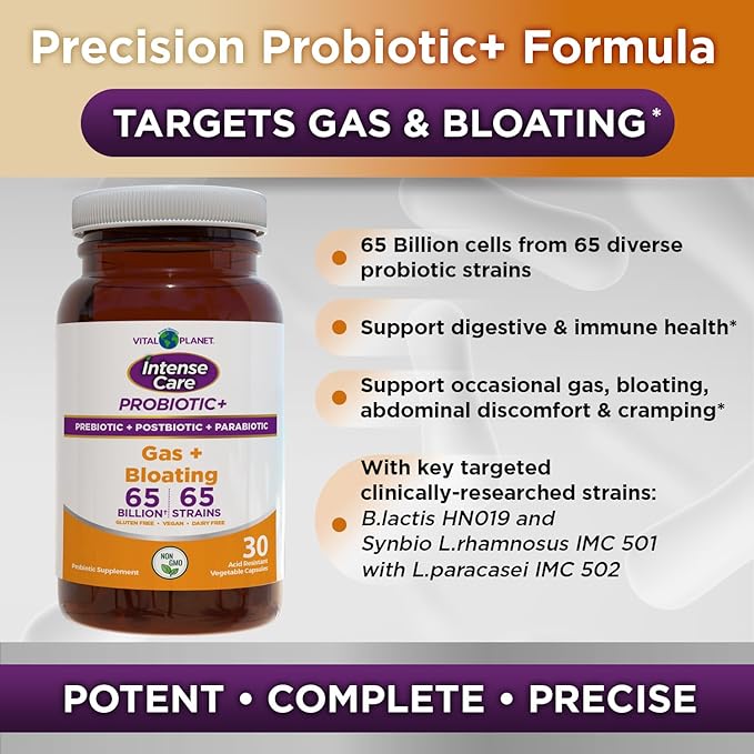 Vital Planet - Intense Care Gas &amp Bloating Probiotics Prebiotics Postbiotics Parabiotics 4-in-1 Refrigerated Supplement for Adults 65 Billion CFU 65 Strains Digestive and Immune 30 ct