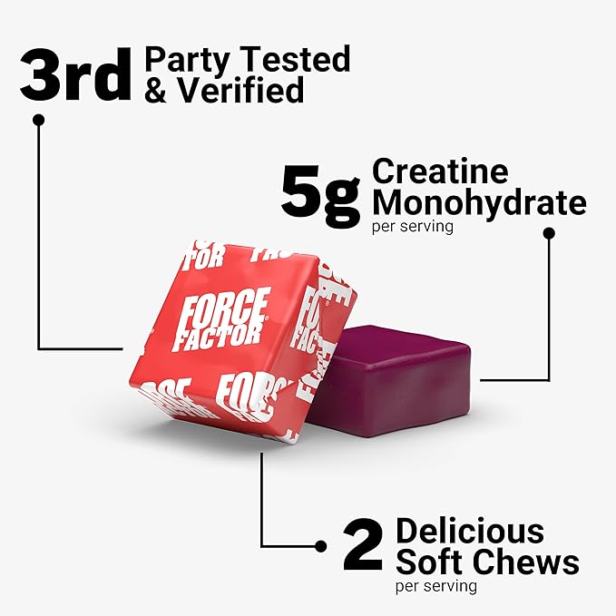 Force Factor Legendary Creatine Chews 5g Creatine Monohydrate Build Muscle Improve Strength &amp Recovery Support Memory &amp Cognitive Function Sugar Free Berry Blast 60 Soft Chews