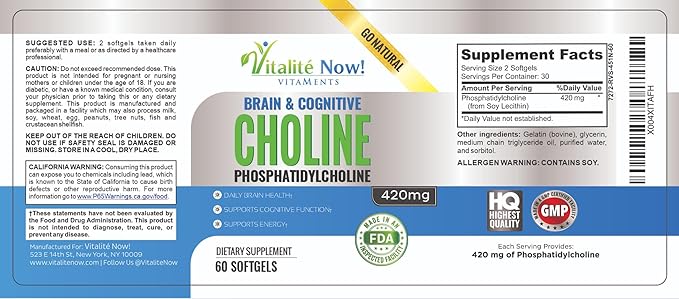 Choline Phosphatidyl High Potency Phospholipid Complex Phosphatidylcholine Pregnancy Support Mental Clarity Energy Liver Brain &amp Cognitive Health 420mg Softgels Non-GMO Made in USA