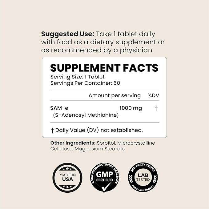 SAM-e 1000mg Per Tablet 60 Servings of Pharmaceutical Grade Non-GMO Soy Free Gluten Free and Enteric Coated Tablets - SAM e Supplement for Brain Joint Liver and Mood Support Supplement