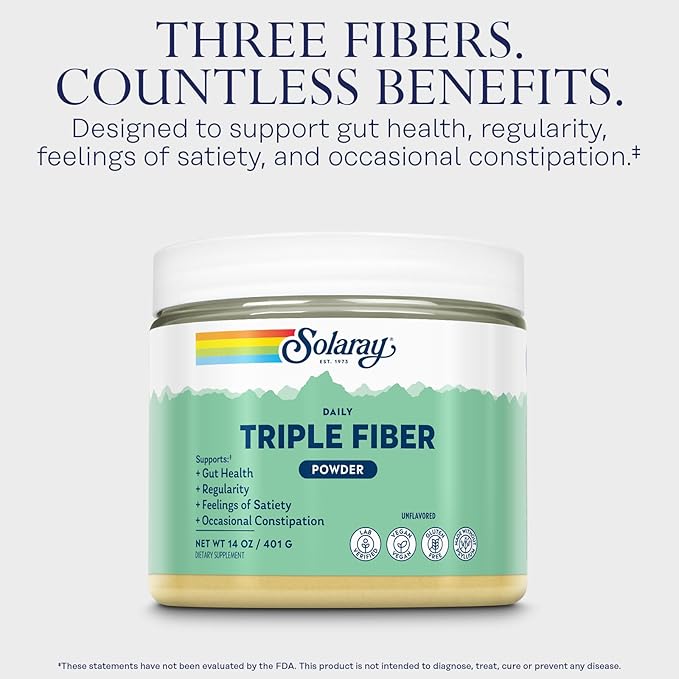 SOLARAY Triple Fiber Powder and ProSorb Berberine Phytosome - Unflavored Daily Fiber Supplement w/Prebiotics Regularity and Gut Health Support - 9X Absorption Berberine Supplement Vegan 30 Serv Ea