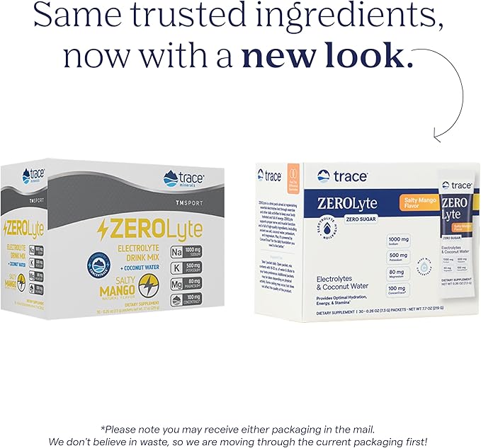 Trace Minerals ZeroLyte Salty Mango Flavor - Sugar Free Electrolyte Drink Mix - Supports Hydration Energy Stamina - Ancient Sea Salt Full Spectrum Minerals Coconut Water - 30 Packets