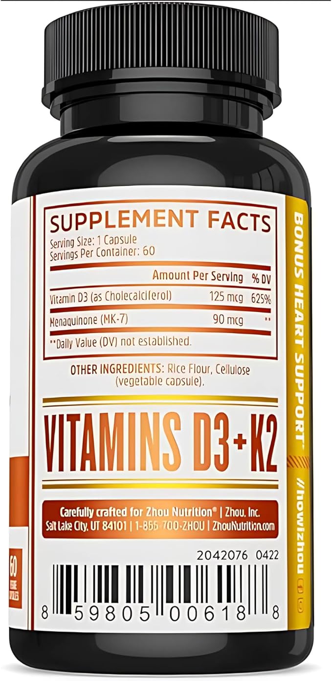 Zhou D3 + K2 &amp Thyroid Support - Vitamin D3 K2 Supplement for Women &amp Men with 5000 IU of Vit D &amp MK-7 Thyroid Supplement with Zinc Iodine &amp Selenium Metabolic Health - 60 Capsules