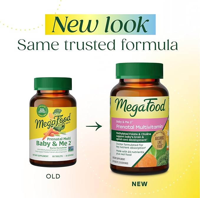 MegaFood Baby &amp Me 2 Prenatal Vitamin and Minerals - Vitamins for Women - with Folate (Folic Acid Natural Form) Choline Iron Iodine and Vitamin C Vitamin D and more - 60 Tabs (30 Servings)