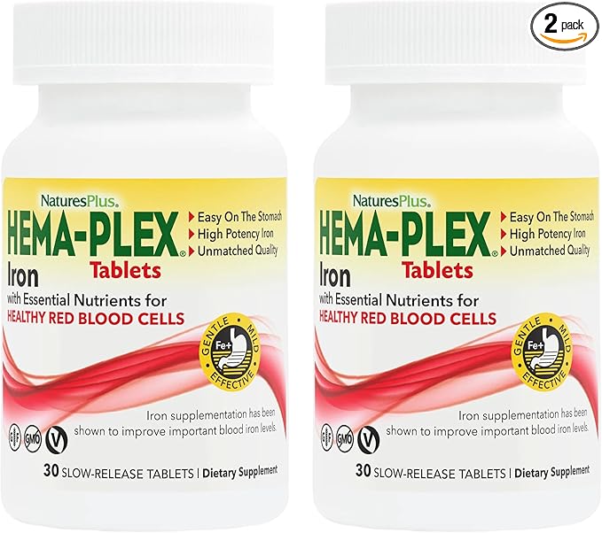 NaturesPlus Hema-Plex Iron - 30 Slow-Release Tablets Pack of 2 - Total Blood Health - 85 mg Chelated Iron - with Vitamin C &amp Bioflavonoids - Non GMO Vegetarian &amp Gluten Free - 60 Total Servi