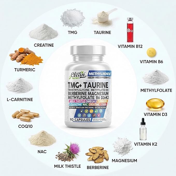 Clean Nutra TMG Supplements 1000mg | Methylated Multivitamin for Women Men | Taurine B6 Vitamins B12 D3 K2 Trimethylglycine Magnesium Methylfolate Milk Thistle NAC COQ10 B Supplement Complex Capsules