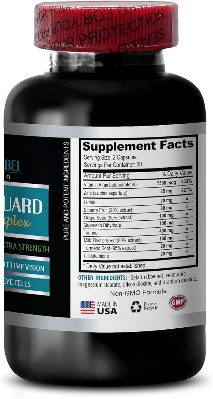 Vision Vitamins with Lutein - Eye Vision Guard 24 MG - Advanced Complex Eye Vision Support Lutein Supplements Vitamin A Supplement Turmeric Extract Bilberry Extract Taurine 1 Bot 60 Capsules